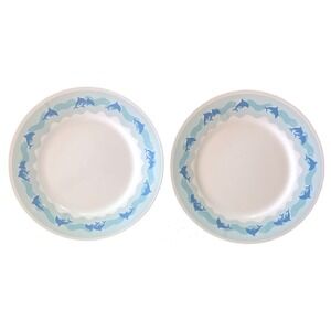 Corelle Ocean Dance Dinner Plates, 10.75" Diameter, Lot of 2, Beach Dolphins GUC